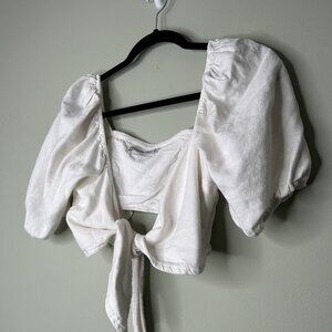 Abercrombie & Fitch White Linen Blend Puff Sleeve Crop Top Women's Medium M